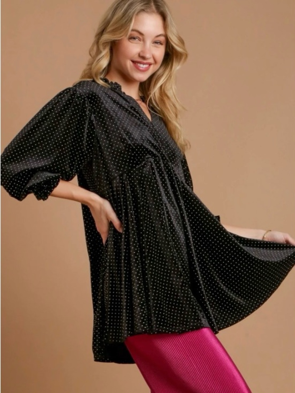 Umgee Black Women's Dress with Ruffle Neckline